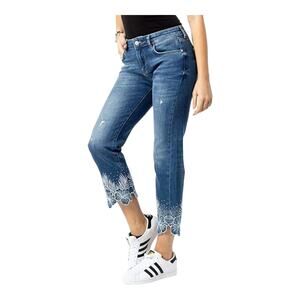 Desigual Blue Cropped Straight-Leg Jeans with White Scalloped Embroidery
